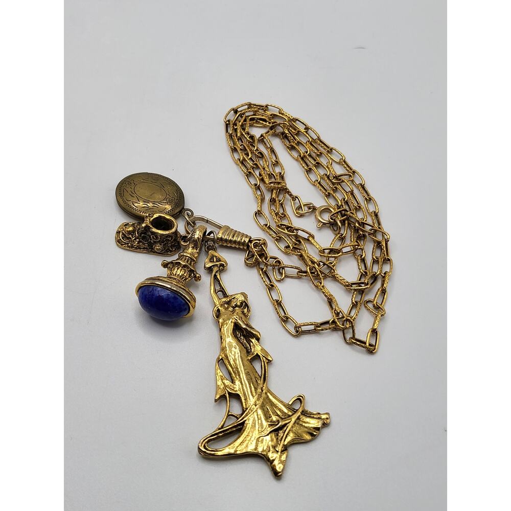 Vintage Charm Necklace Lady figure Art Nouveau Style Locket Shoe Blue Stone
